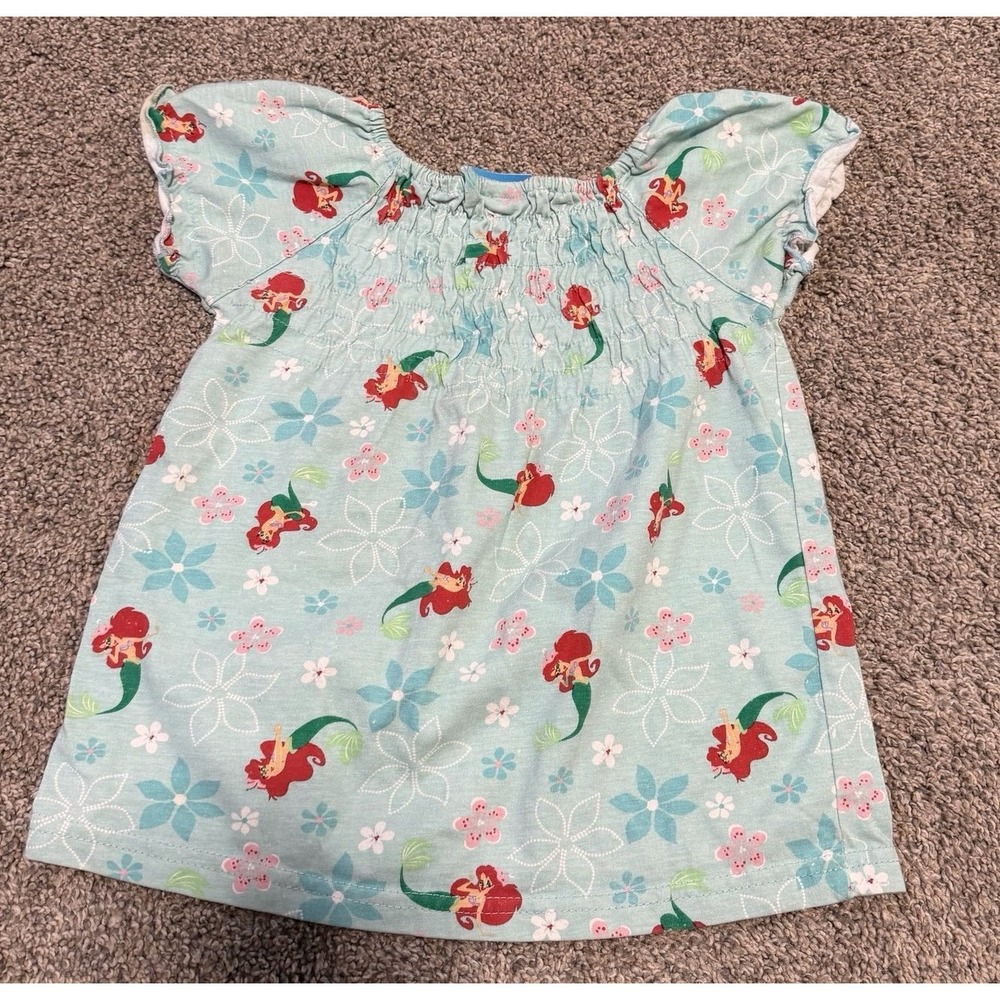 VTG Disney Little Mermaid Ariel Girls Top Size 5/6 Teal Floral Flutter Sleeve